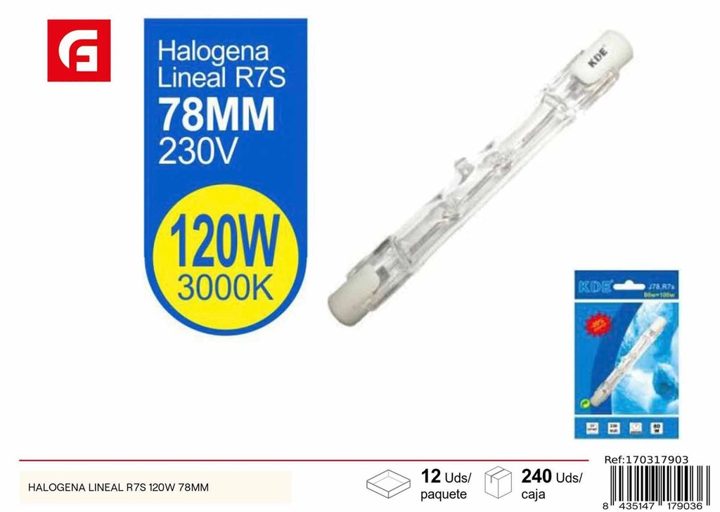 Lámpara halógena lineal R7S 120W 78mm para iluminación