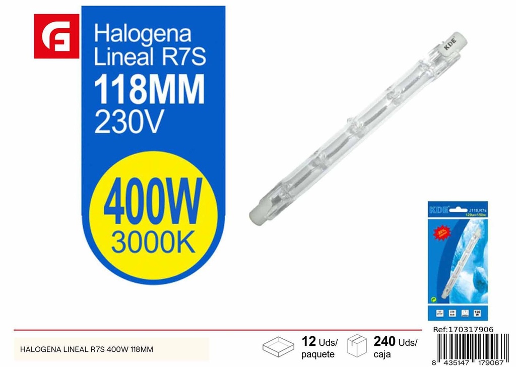 Lámpara halógena lineal R7S 400W 118mm - Iluminación