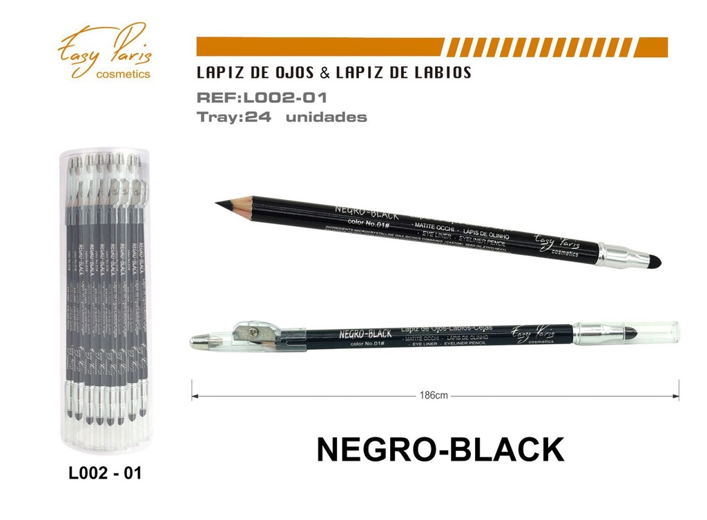 Lápiz de madera con difumino y sacapuntas negro 24 unidades para maquillaje