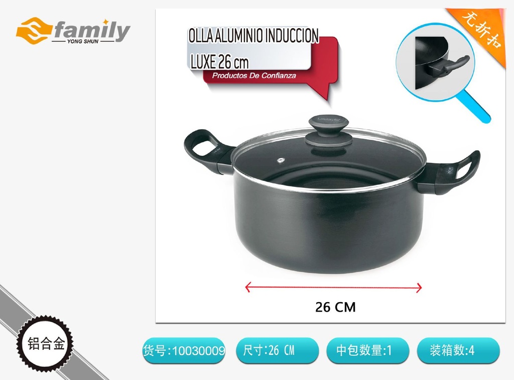 Olla de aluminio inducción Luxe 26cm para cocina