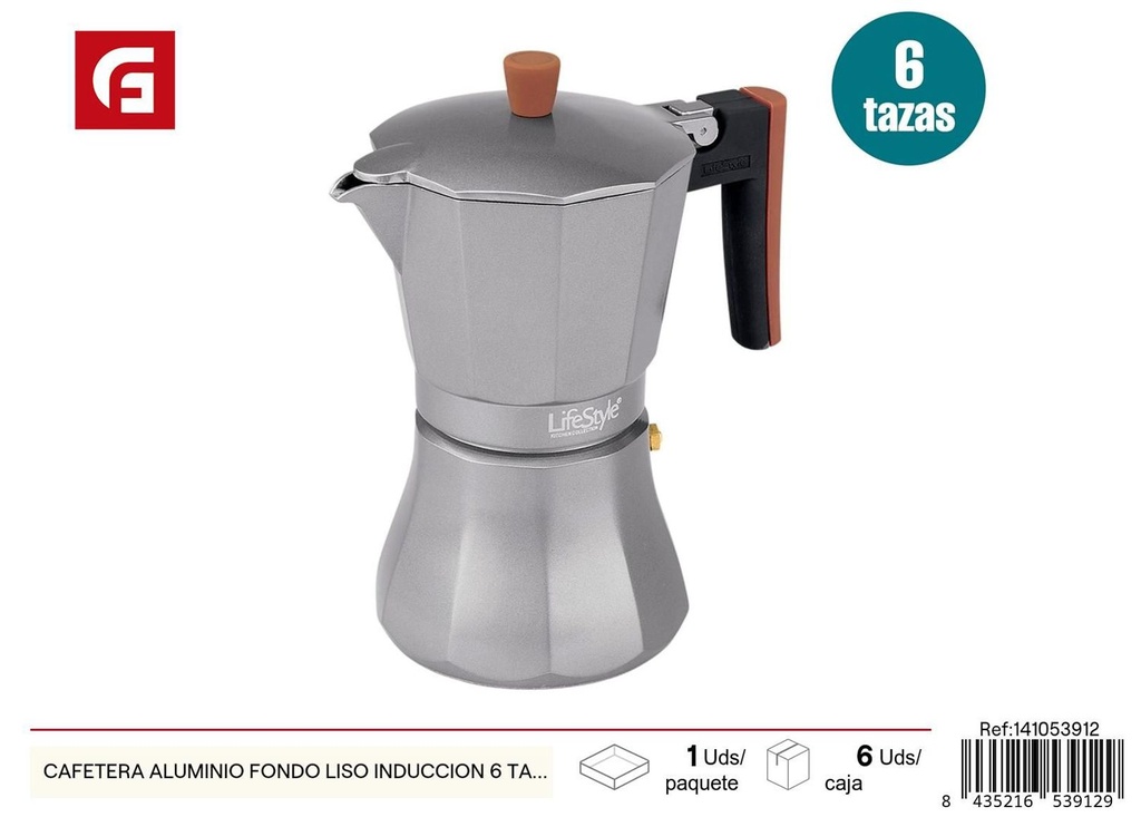 Cafetera de aluminio fondo liso para inducción 6 tazas