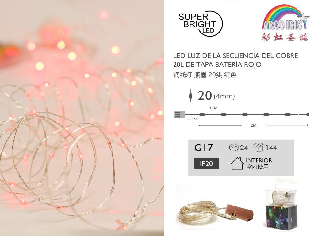 Guirnalda de luces LED de cobre 20 luces rojo 2m para decoración navideña