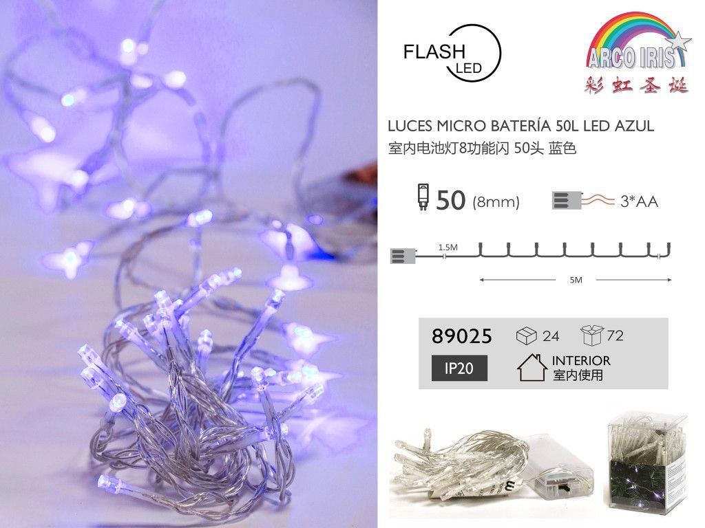 Luces micro LED de batería 50L azul con flash para interior 3AA 5m