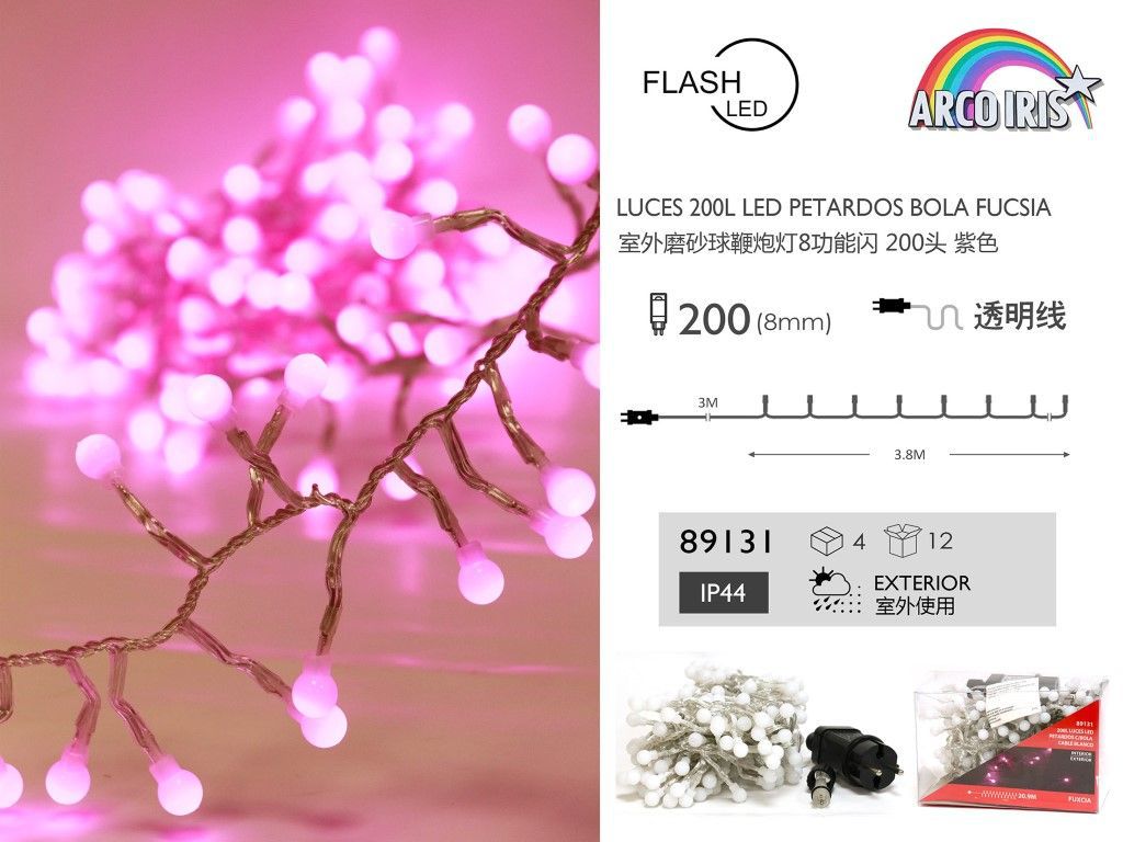 Luces LED 200 bolas fucsia exterior IP44 24V 3.8m para navidad