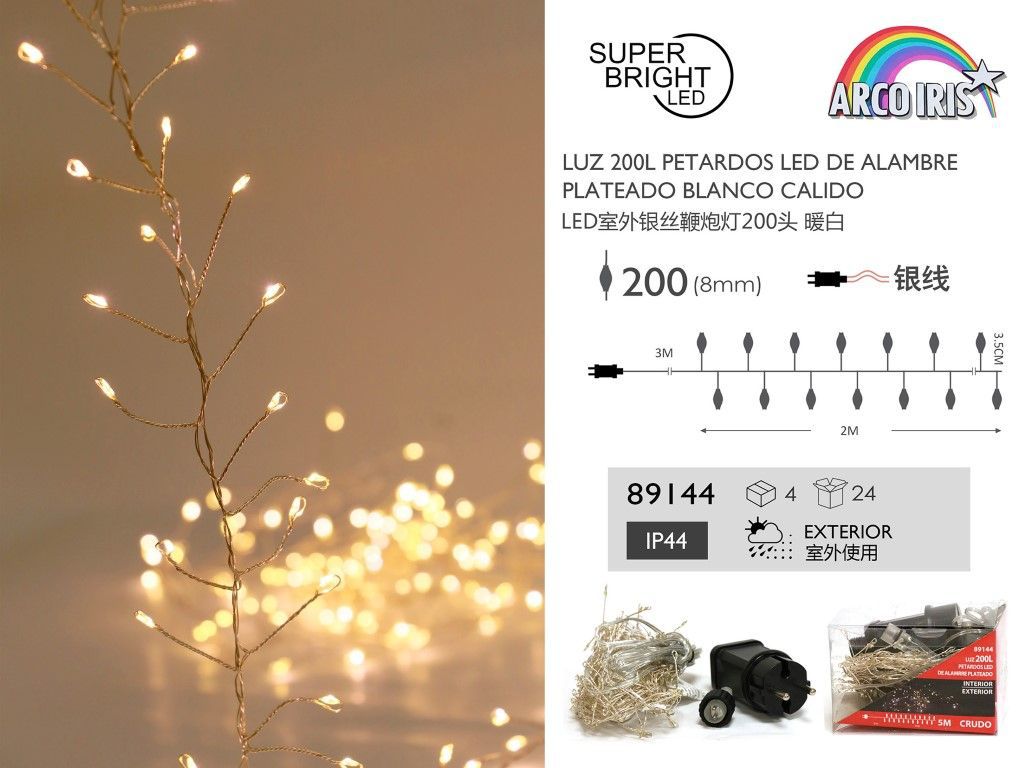 Guirnalda de luces LED de alambre plateado blanco cálido 2m para exterior