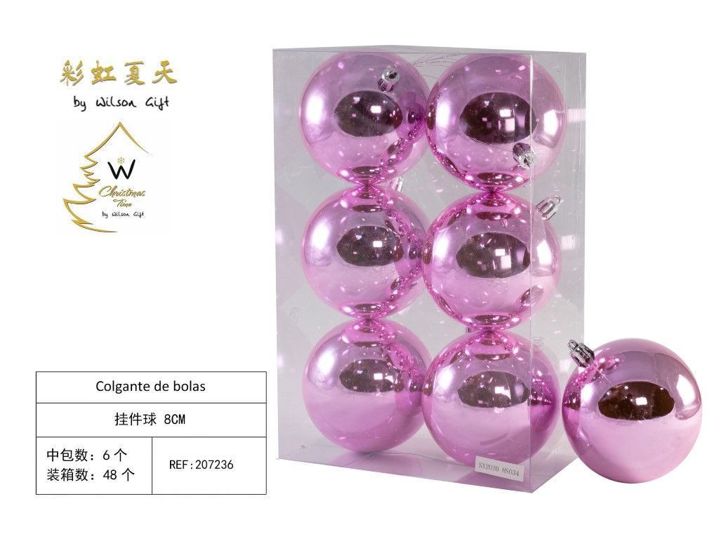 Colgante de bolas rosa brillante 8cm set 6pcs para Navidad