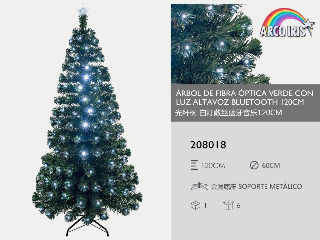 Árbol de fibra óptica verde con luz y altavoz Bluetooth 120cm para decoración navideña