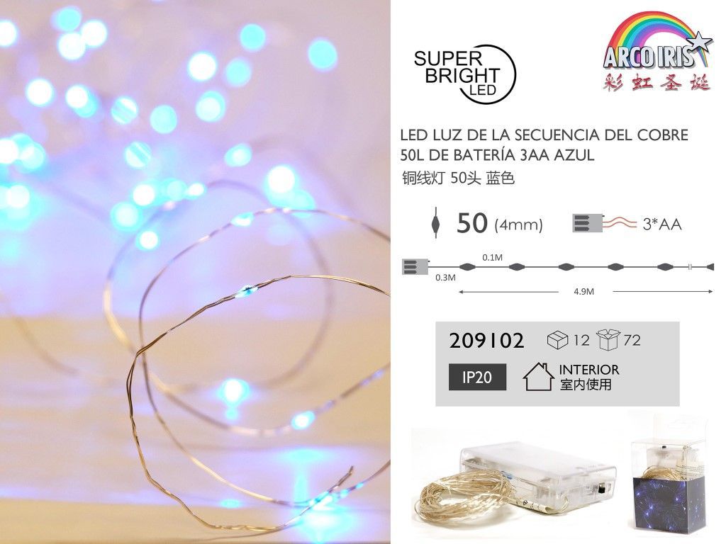 Luz de la secuencia del cobre 50L de batería 3AA azul 2m para decoración navideña