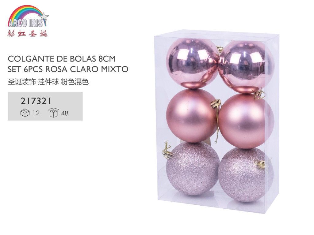 Colgante de bolas de Navidad 8cm set 6pcs rosa claro mixto