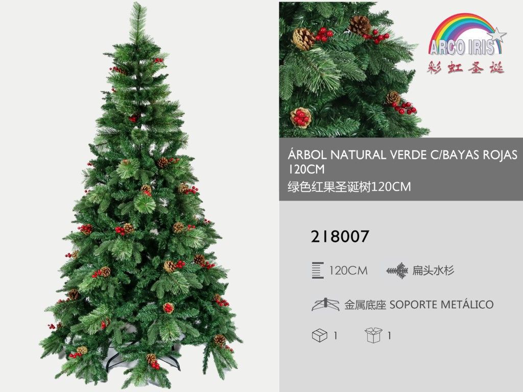 Árbol de Navidad natural verde con bayas rojas 120cm