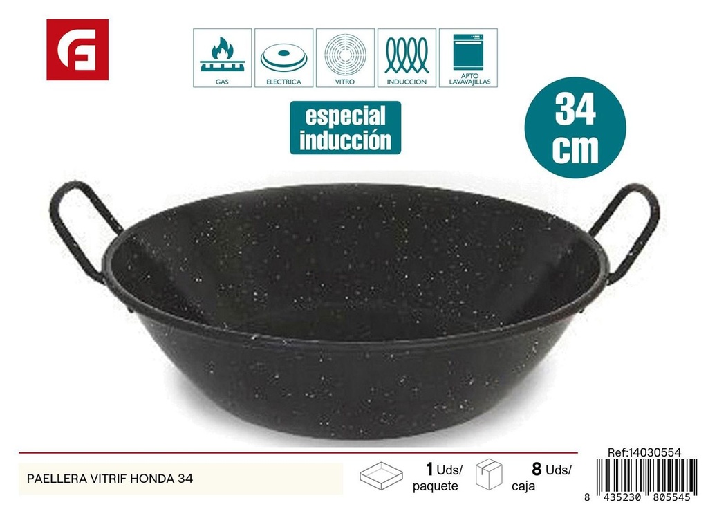 Paellera vitrificada honda 34cm para cocinar arroz y paella