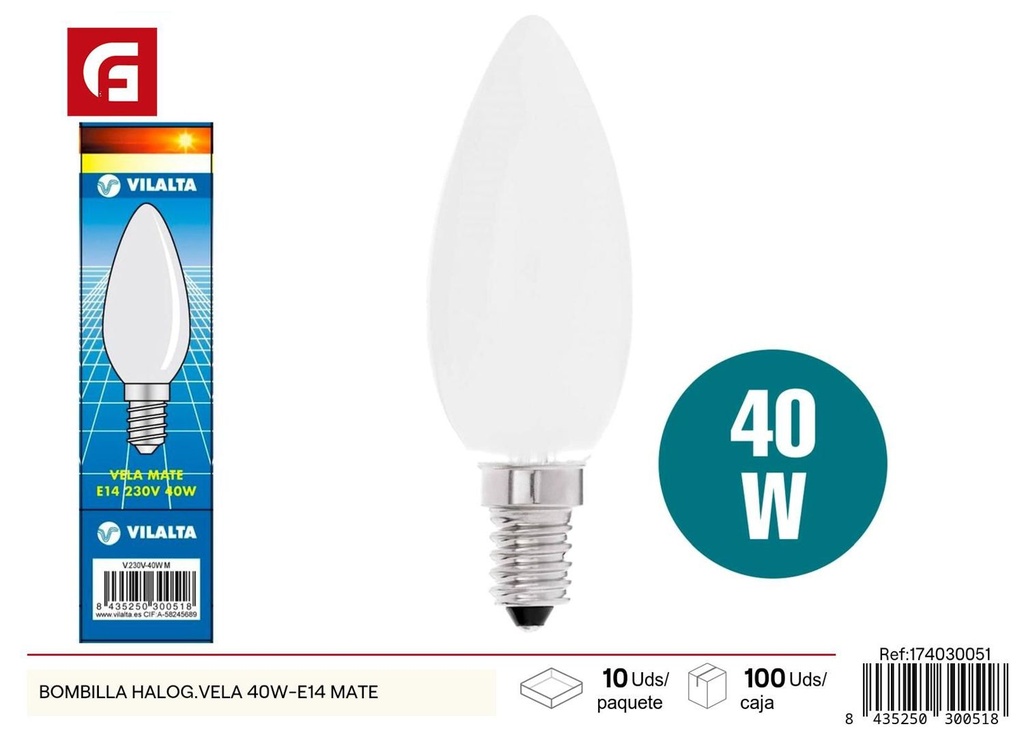 Bombilla halógena vela 40W-E14 mate para iluminación