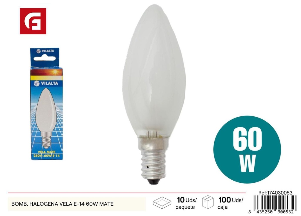 Bombilla Halógena Vela E-14 60W Mate - Bombilla de luz halógena