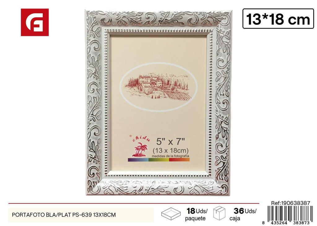 Portafoto blanco y plateado PS-639 13x18cm para decoración del hogar