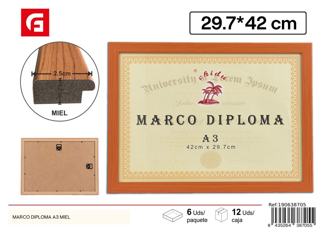 Marco diploma A3 miel DM-877 para documentos y certificados