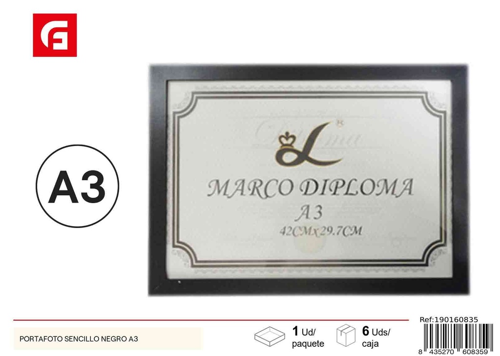Portafoto sencillo negro A3 - Marco de fotos para diplomas