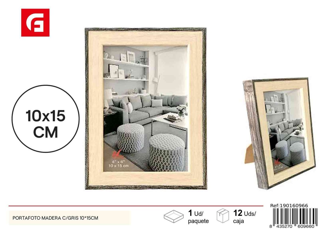 Portafoto de madera con gris 10x15cm - Marcos de fotos y decoración