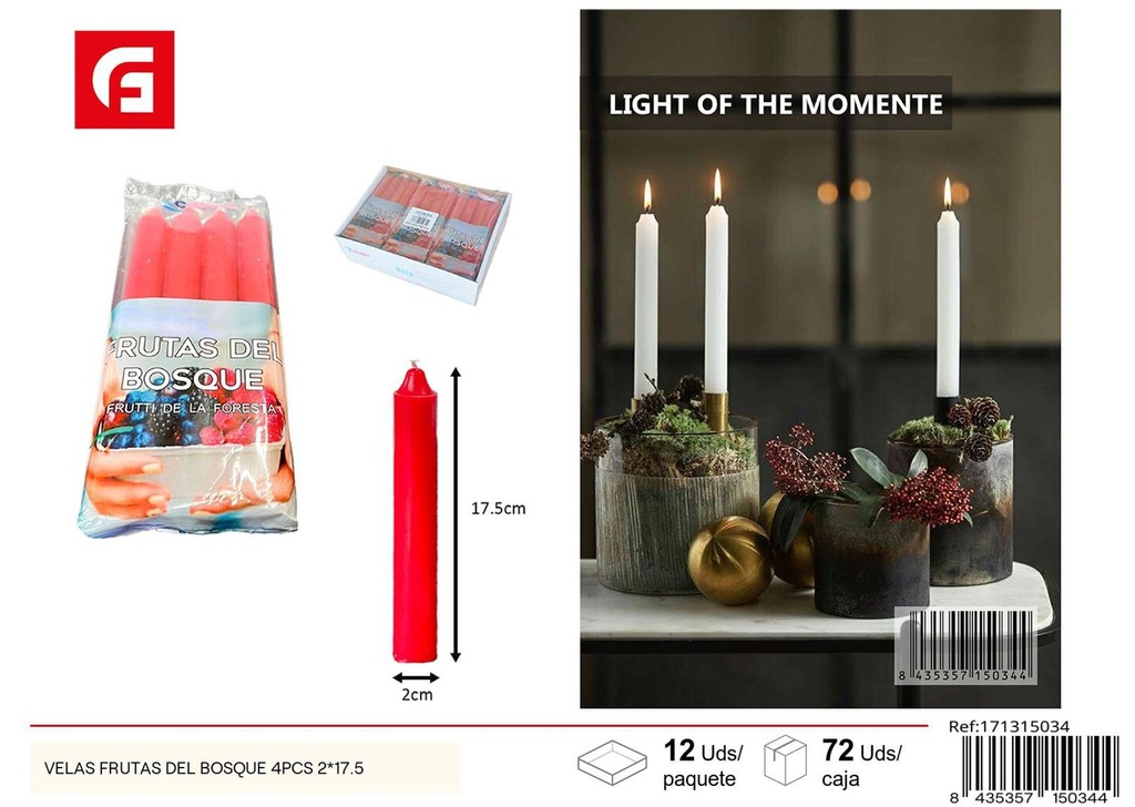 Velas aromáticas de frutas del bosque 4 piezas 2x17.5 cm - Velas cilíndricas