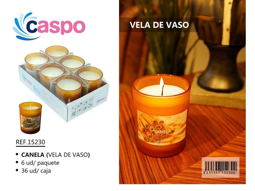 Vela aromática de canela en vaso de cristal