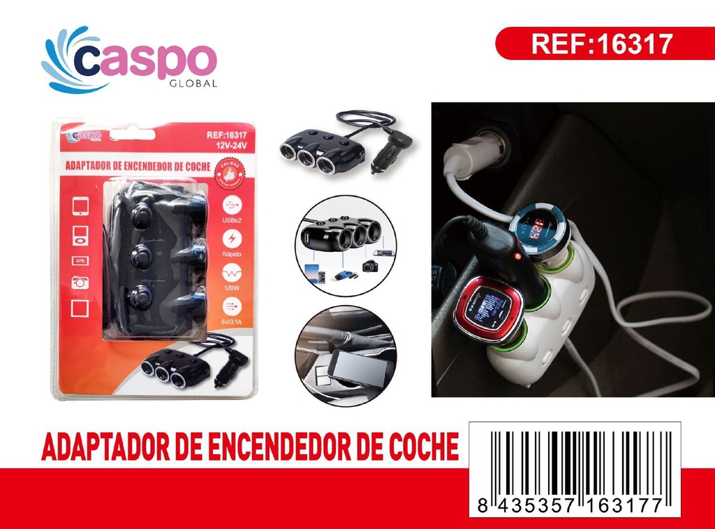 Adaptador de encendedor de coche 3 tomas LS-0037