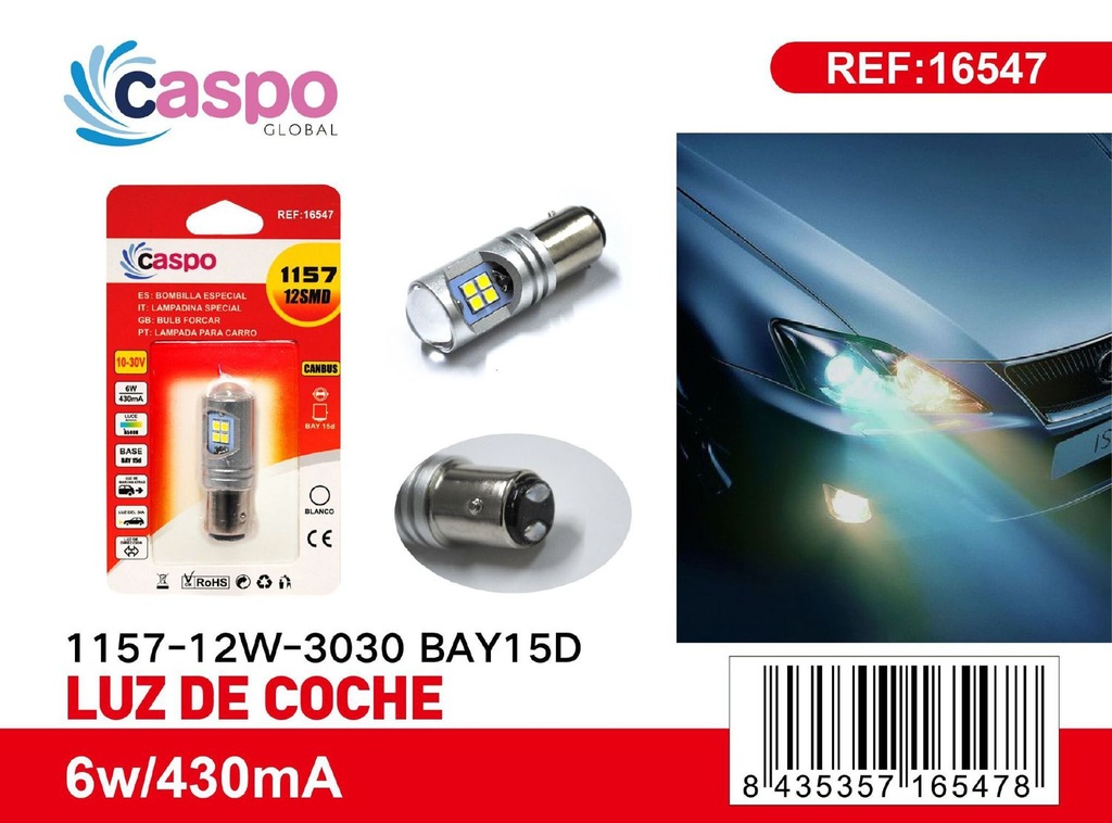 Luz de coche 1157-12W-3030 BAY15D para interiores y matrículas