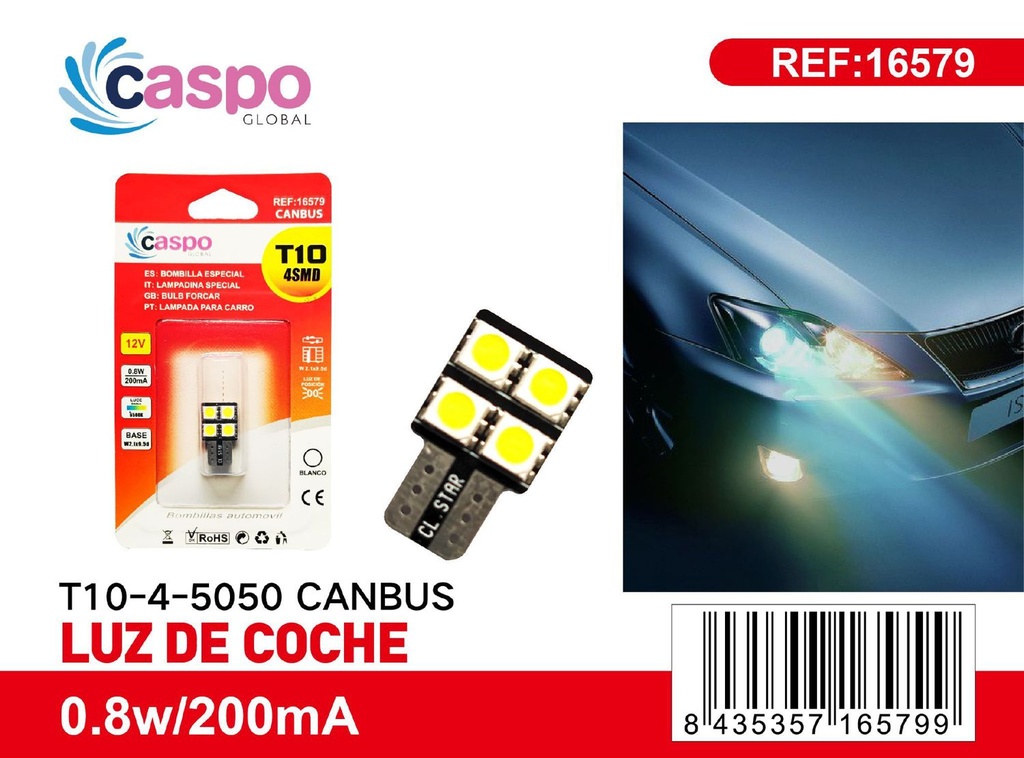 Luz de coche CL8438 T10-4-5050 Canbus para matrícula