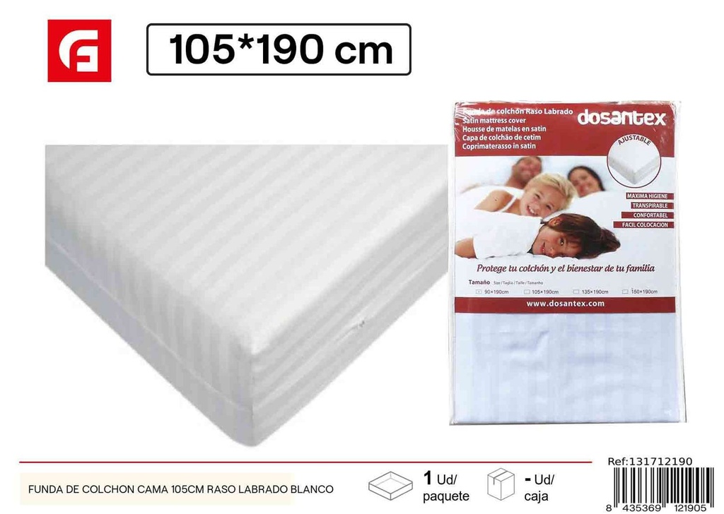 Funda de colchón raso labrado blanco cama 105cm para protección