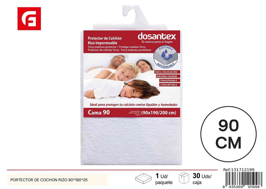 Protector de colchón cama 90 cm rizo impermeable blanco