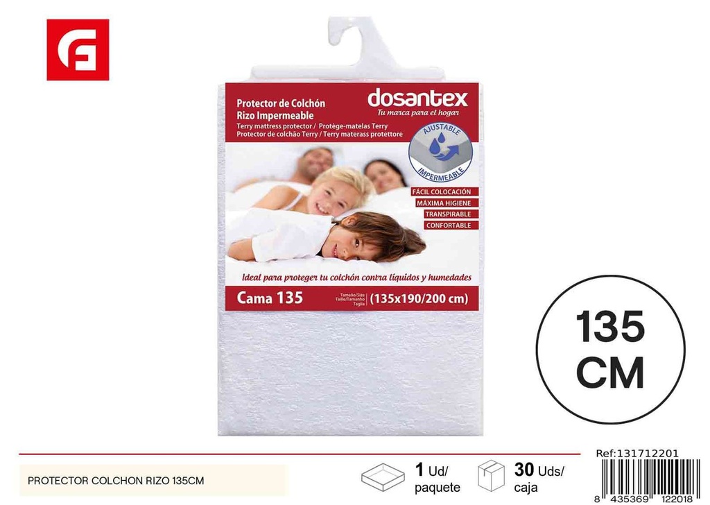 Protector de colchón impermeable blanco cama 135cm para hogar