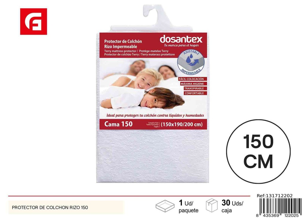 Protector de colchón impermeable blanco rizo cama 150cm para protección