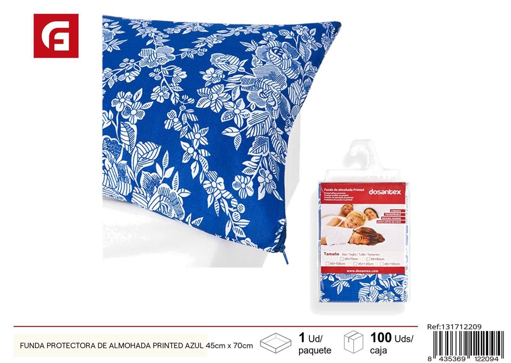 Funda protectora de almohada azul estampada 45x70cm