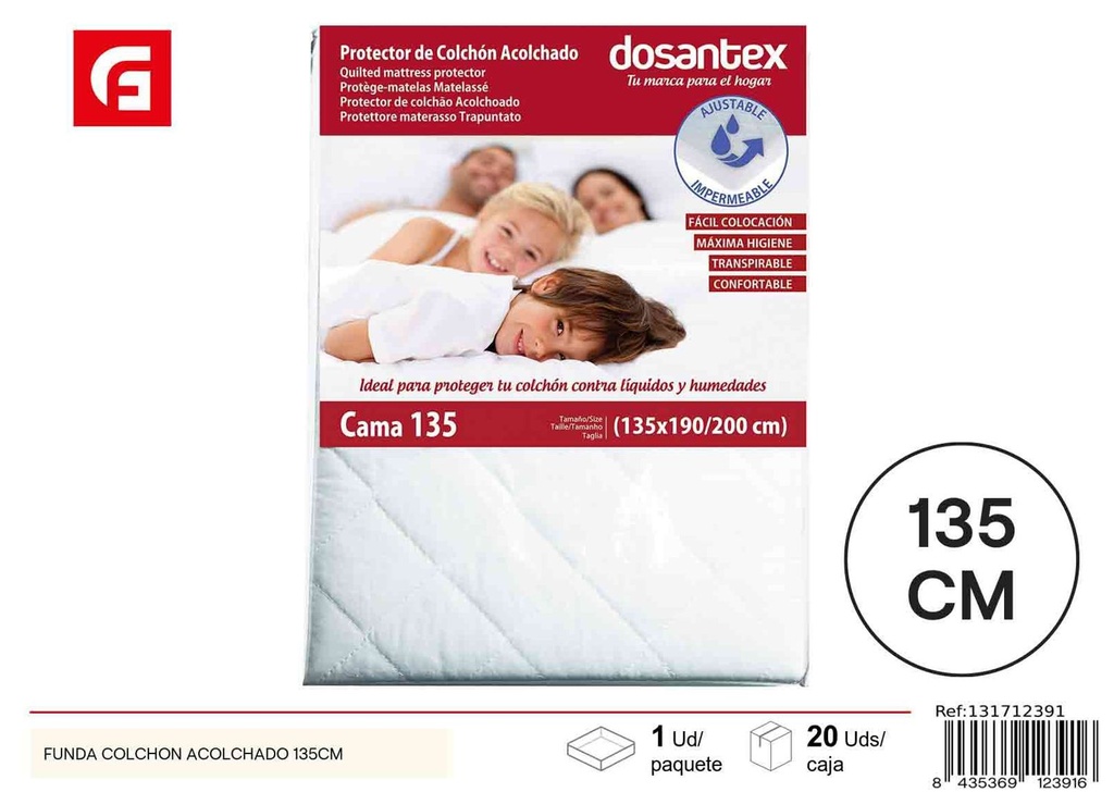 Protector de colchón acolchado impermeable blanco cama 135cm para dormitorio