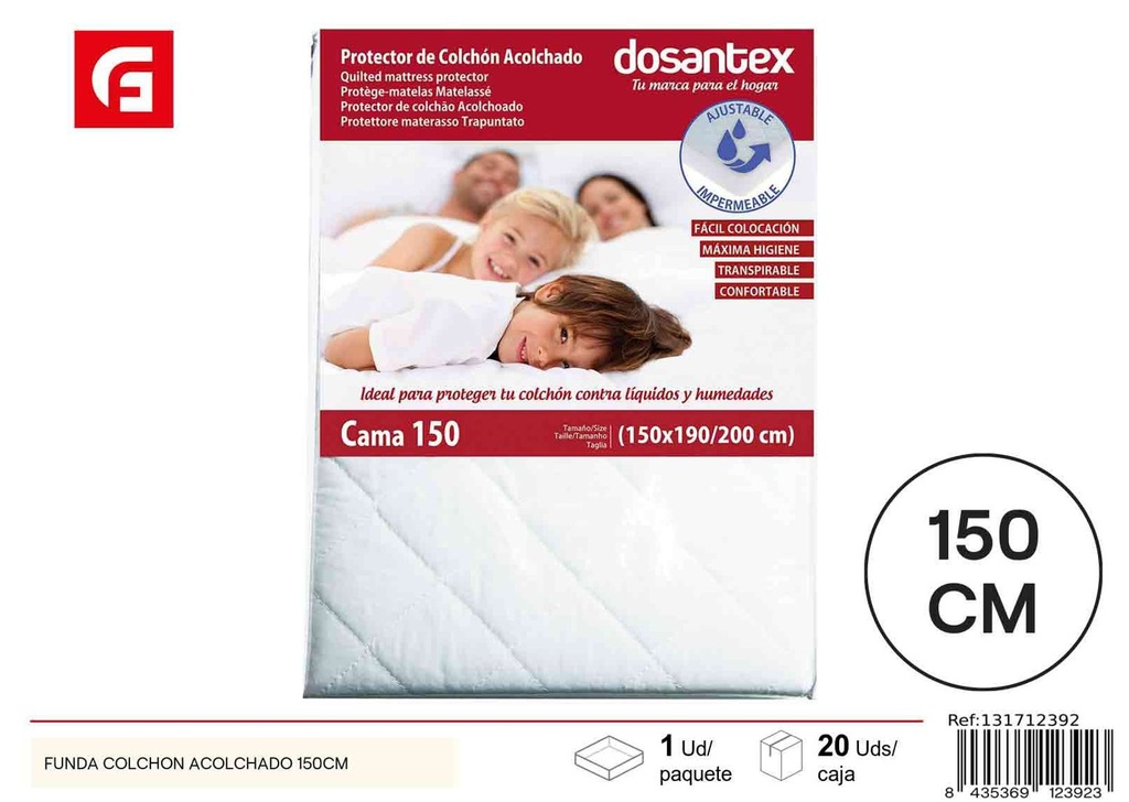 Protector de colchón acolchado impermeable blanco cama 150cm para protección