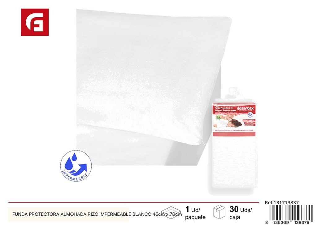 Funda protectora para almohada rizo impermeable blanco 45x70cm para cama