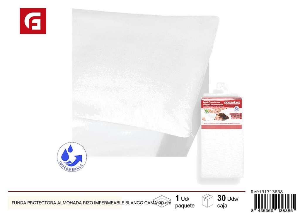 Funda protectora de almohada rizo impermeable blanco cama 90cm