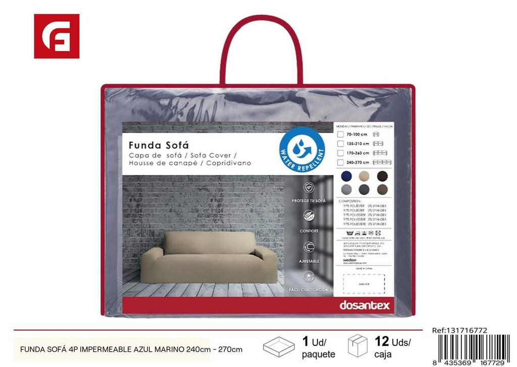 Funda de sofá 4 plazas impermeable azul marino 240cm - 270cm para protección de muebles