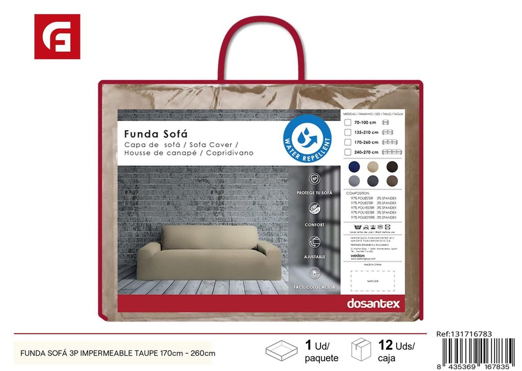 Funda sofá 3 plazas impermeable taupe 170cm-260cm para protección de muebles