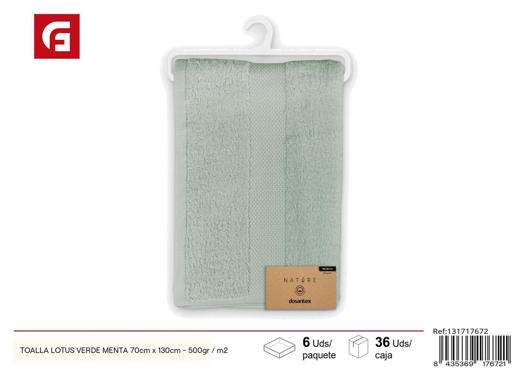 Toalla Lotus verde menta 70x130cm 500gr/m2 para baño