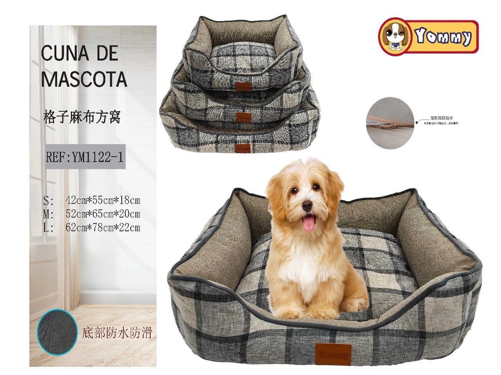 Cuna de perro de tela de cuadros 3 piezas gris - Cama para mascotas 