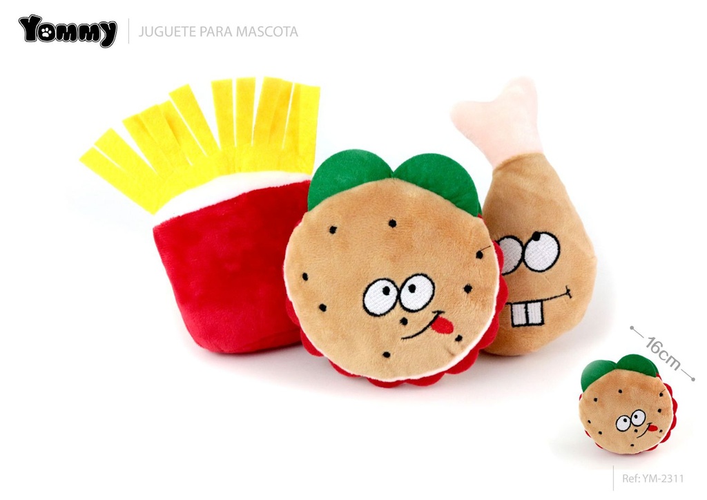 Peluche comida surtida 16cm (papas fritas, pollo, hamburguesa)