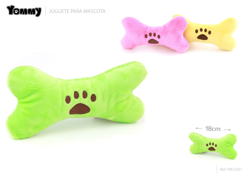 Peluche en forma de hueso 18cm en colores verde, rosa y amarillo