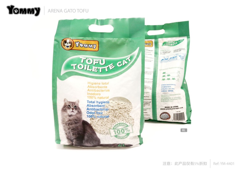 Arena de tofu para gatos 2.5kg/6L para higiene de mascotas