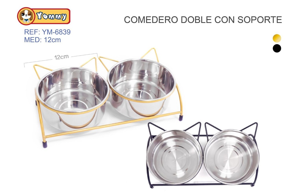 Comedero doble de acero con soporte 12cm