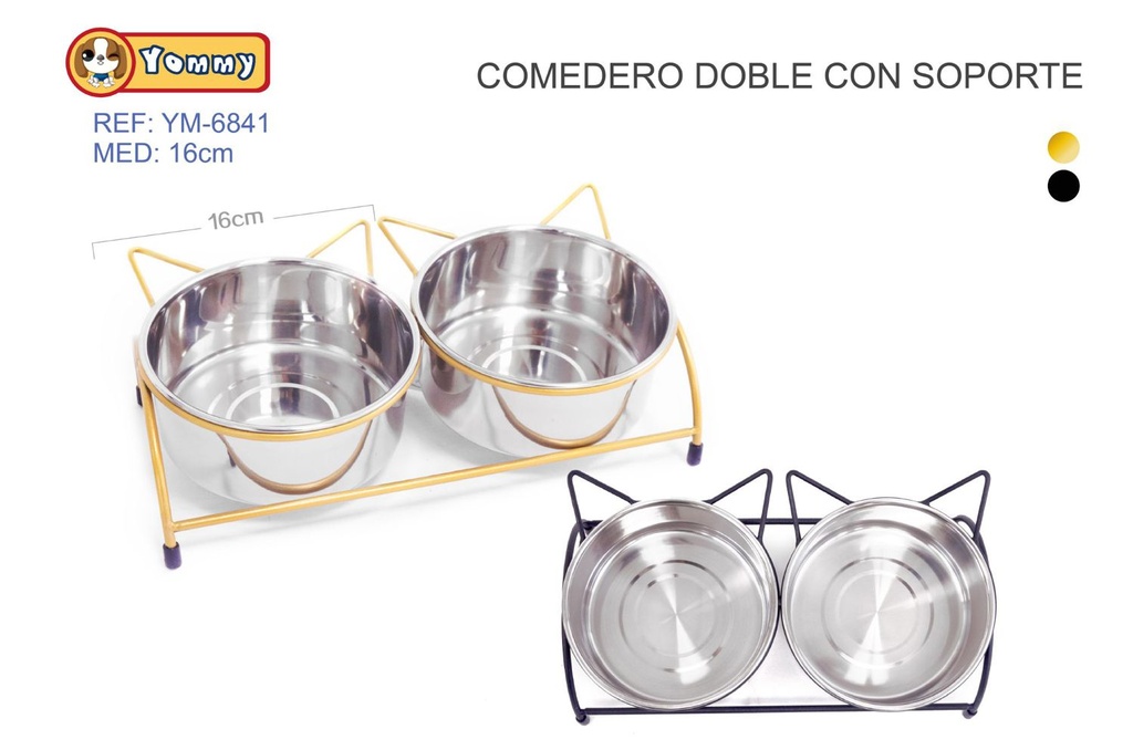 Comedero doble de acero con soporte 16cm para mascotas