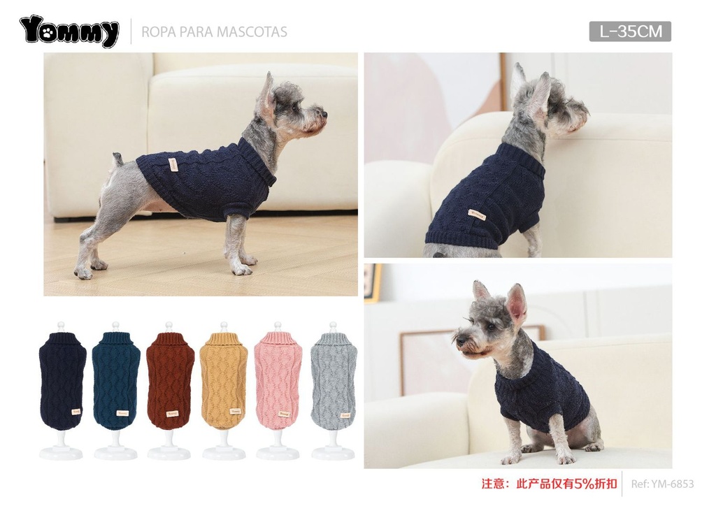 Jersey para mascotas tejido lujo talla L 35cm para ropa de mascotas