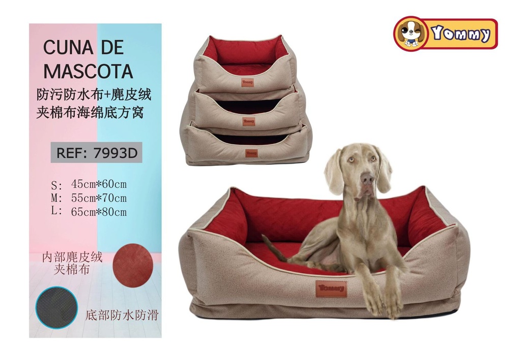 Cuna de perro 3 piezas impermeable beige y rojo