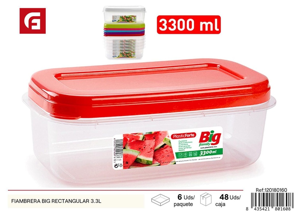 Fiambrera grande rectangular 3.3L para almacenamiento de alimentos