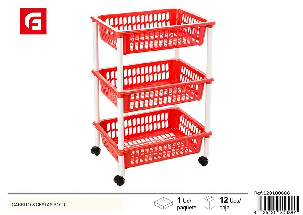 Carrito de cocina con 3 cestas rojo almacenamiento