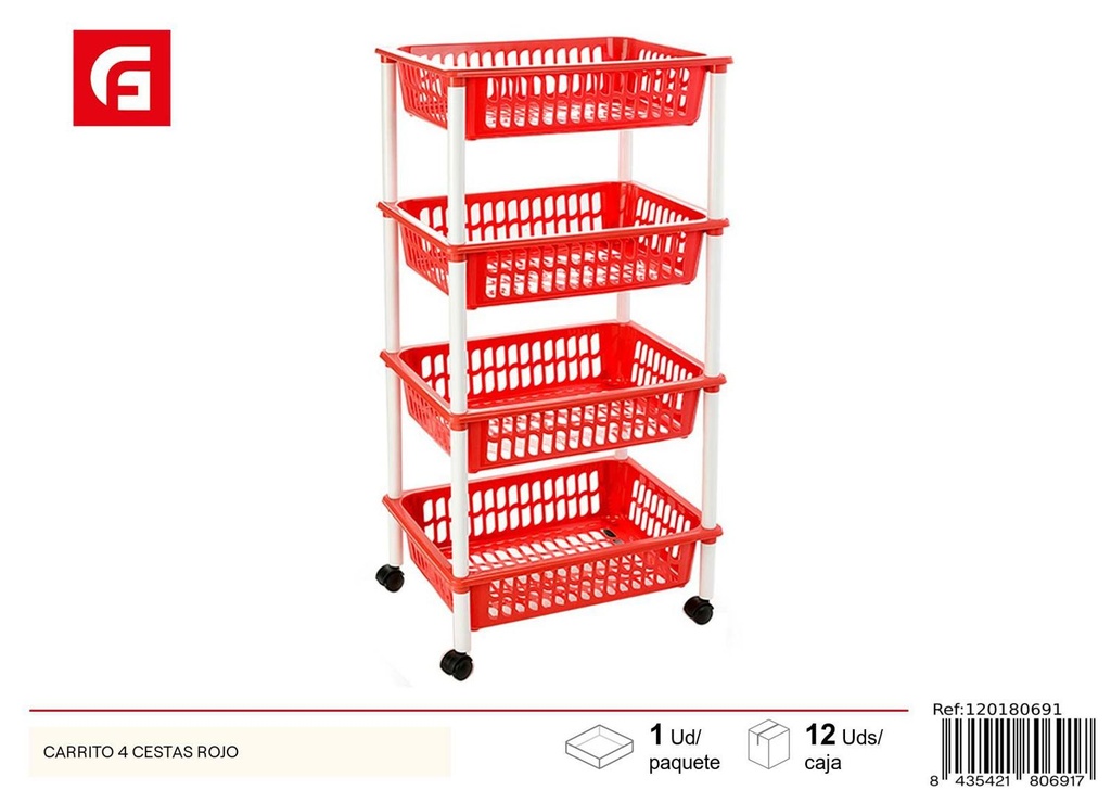 Carrito organizador 4 cestas rojo para cocina