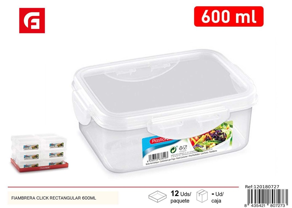 Fiambrera click rectangular 600ml para almacenamiento de comida